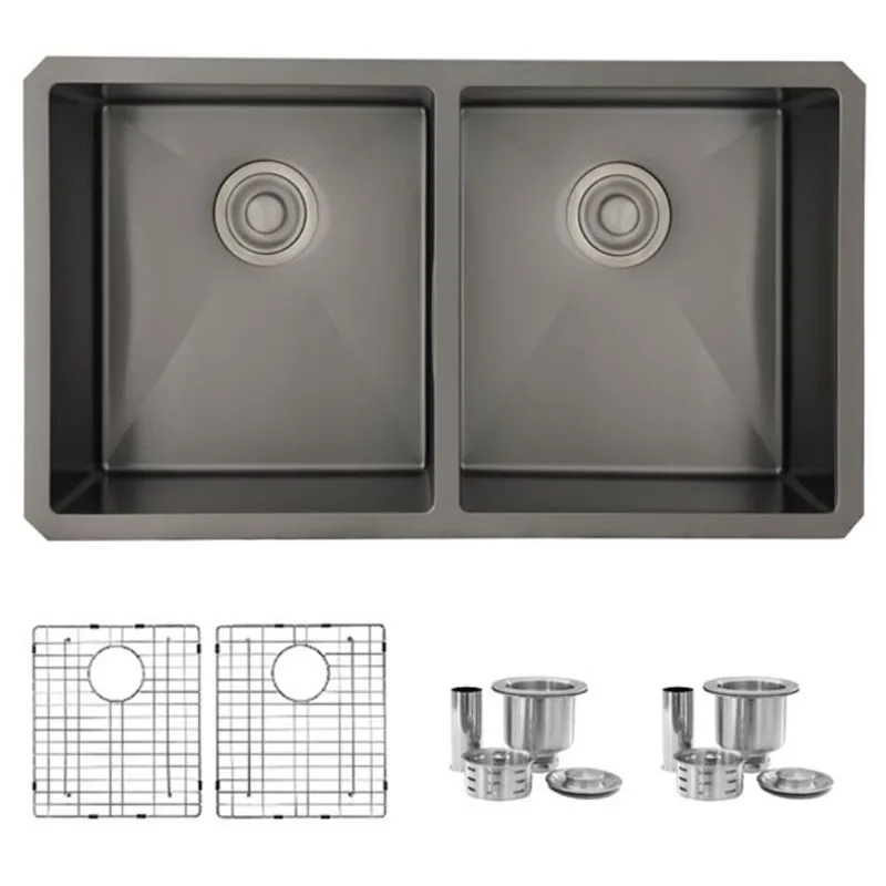Stylish 32 inch Graphite Black Double Bowl Undermount Stainless Steel Kitchen Sink with Grids and Basket Strainers