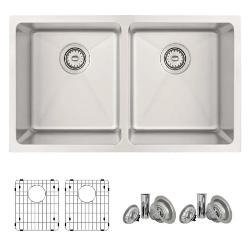 Stylish 31-in Double Bowl Dual-Mount Stainless Steel Kitchen Sink With Grids