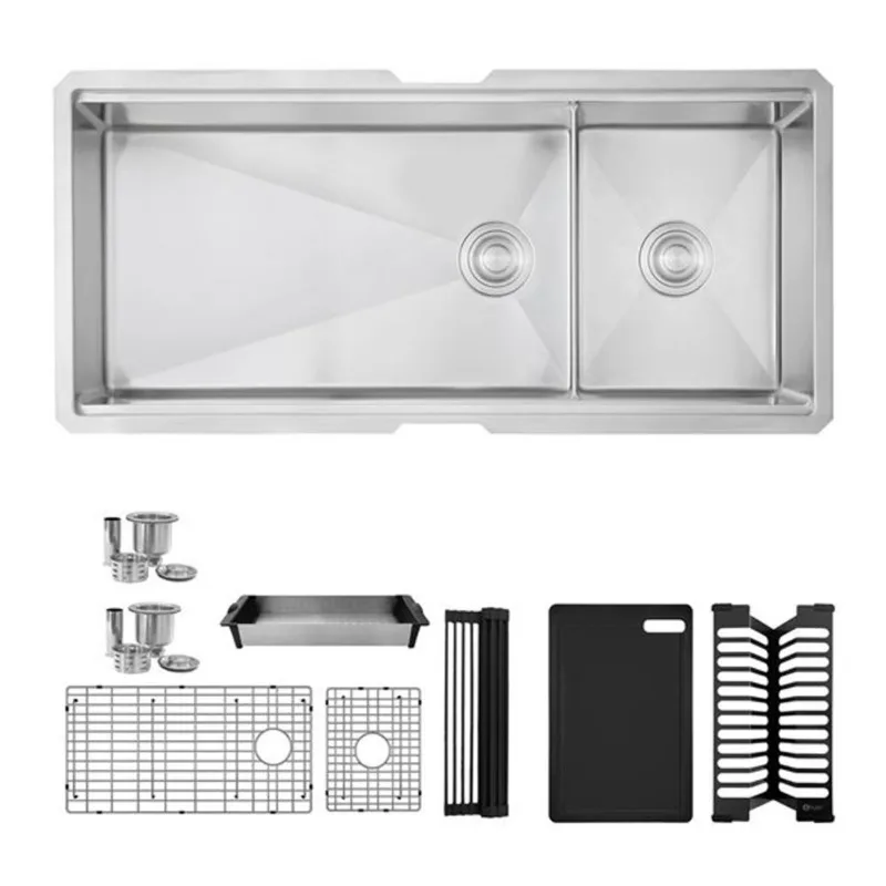 Stylish Undermount 42-in Stainless Steel Double Bowl 70/30 Workstation Kitchen Sink w/ Black Accessories
