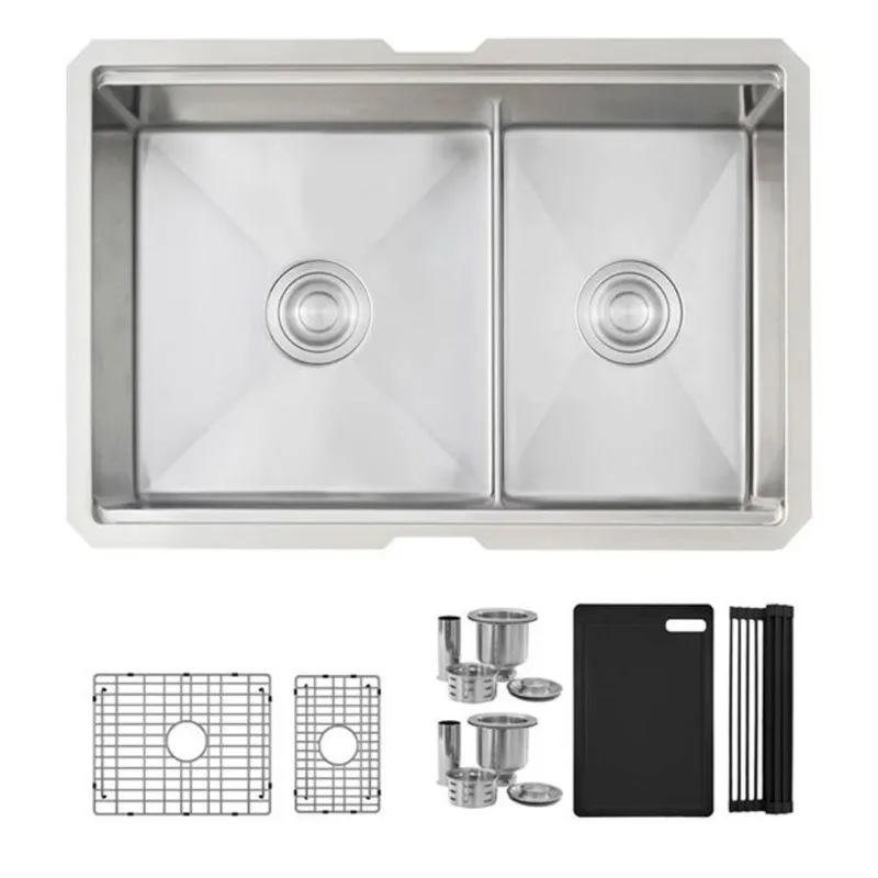 Stylish Undermount 25-in Stainless Steel Double Bowl Workstation Kitchen Sink w/ Black Accessories