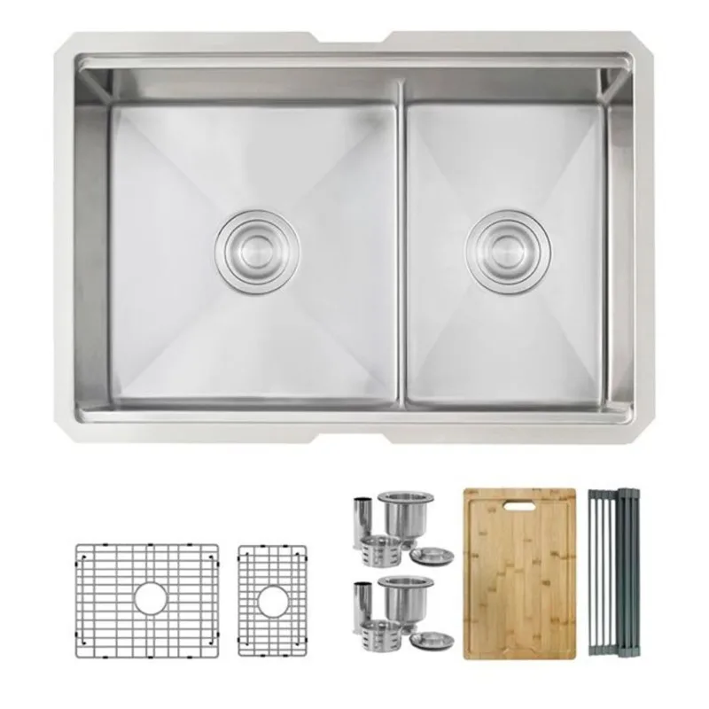 Stylish Undermount 25-in Double Bowl Workstation Kitchen Sink w/ Accessories - Brushed Stainless Steel