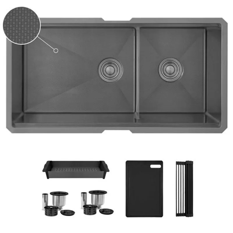 Stylish Undermount 36-in Workstation 60/40 Double Bowl Stainless Steel Kitchen Sink w/ Dura-Tek Finish + Accessories