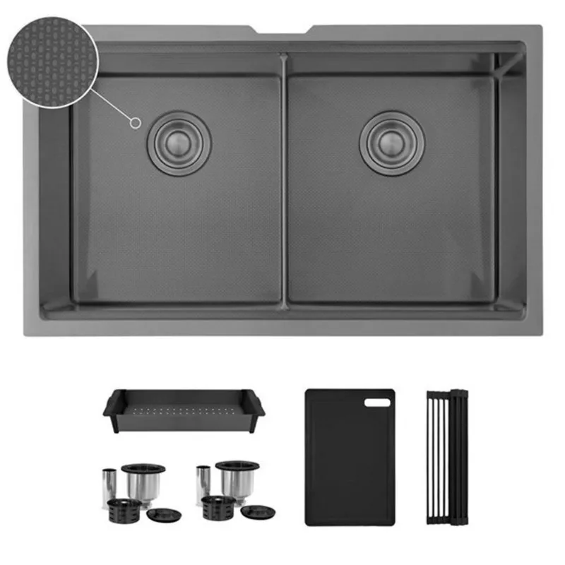 Stylish Undermount 32-in Workstation 50/50 Double Bowl Stainless Steel Kitchen Sink w/ Dura-Tek Finish + Accessories