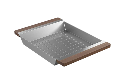 Julien - Colander for Fira sink w/ledge, walnut handles, 12X17-1/4X2-1/4