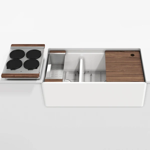 Julien - Fira Apron Front Undermount Double Bowl Sink with Ledge, walnut accessory kit, 36x19x11-1/2