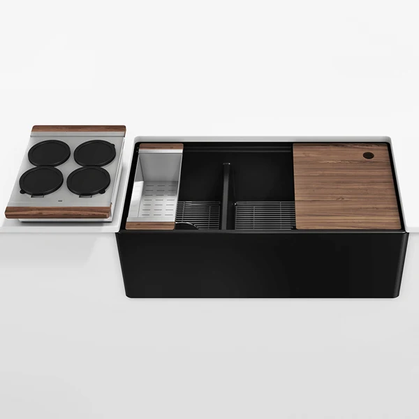 Julien - Fira 36 Inch Double Bowl Workstation Kitchen Set Matte Black Fireclay Walnut acc. 36X19X11-1/2