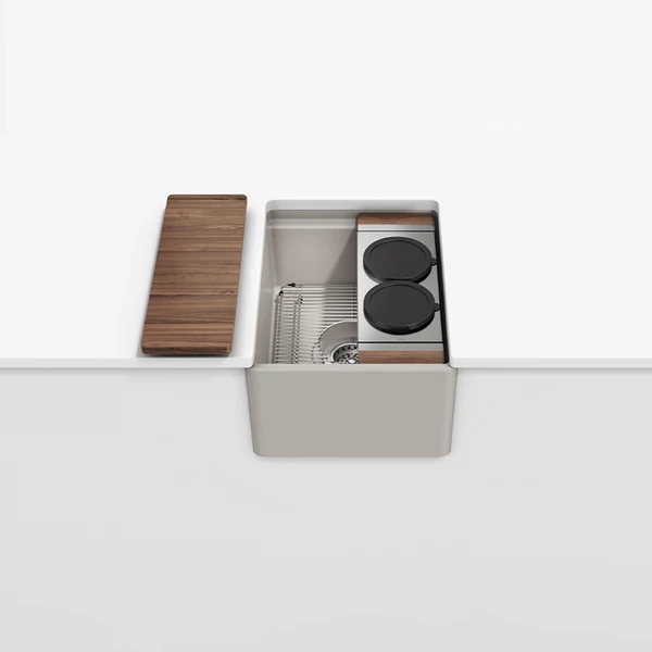 Julien - Fira 15 Inch Single Bowl Workstation Bar Set Matte Taupe Fireclay Wth Walnut acc. 15X19X8-3/4
