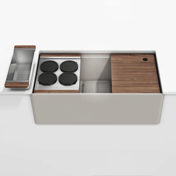 Julien - Fira 36 Inch Single Bowl Workstation Kitchen Set Matte Taupe Fireclay with Walnut acc. 36X19X11-1/2