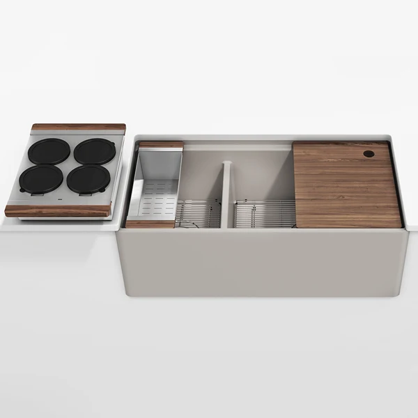 Julien - Fira 36 Inch Double Bowl Workstation Kitchen Set Matte Taupe Fireclay with Walnut acc. 36X19X11-1/2
