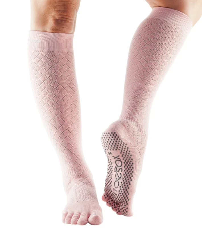 Toesox Knee High Scrunch Full-Toe Yoga Grip Socks Fishnet Kiss / S