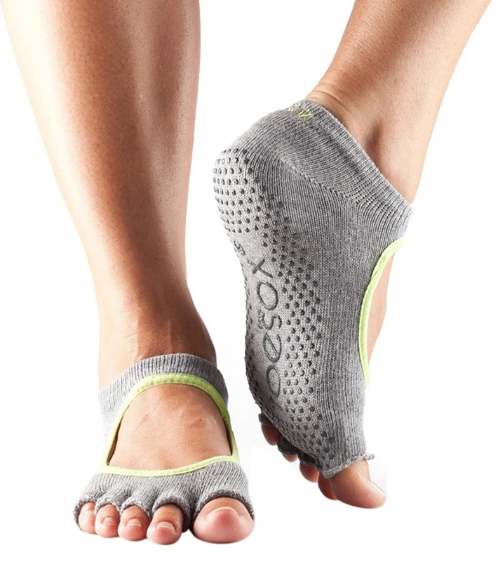 Toesox Bella Half-Toe Yoga Grip Socks Heather Grey/Limeaid / M