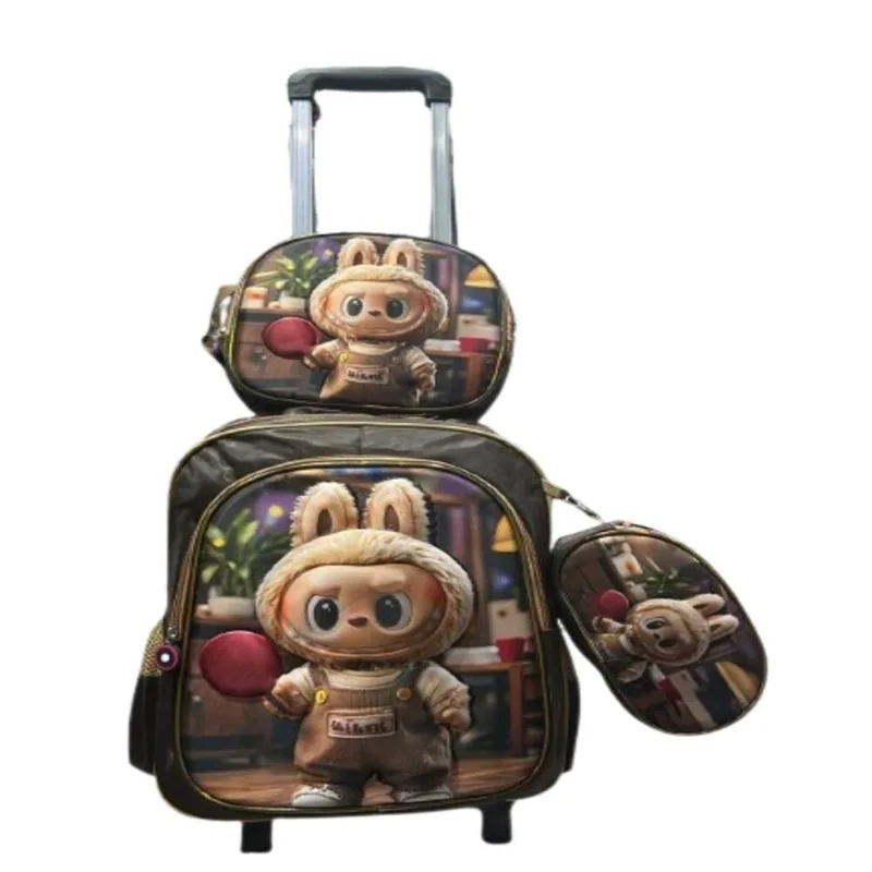 MOCHILA LABUBU CON LONCHERA MAS CARTUCHERA CON LUCES 3D CON RUEDAS