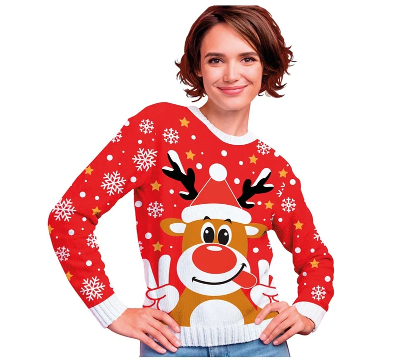 Jersey Navidad Reno Feliz rojo para mujer M