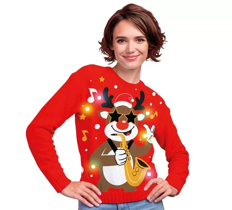 Jersey Navideño de Reno con 12 Luces LED para mujer L