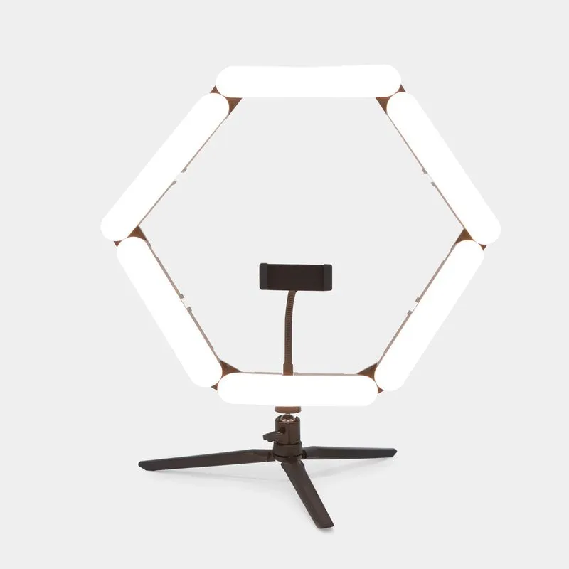 Aro de luz hexagonal con soporte para celular