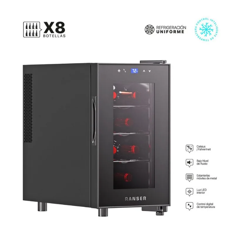 Cava de Vino Termoeléctrica 8 Botellas RANSER WC-1408 BOURDEAUX 25Lts 5°C y 18°C Negro