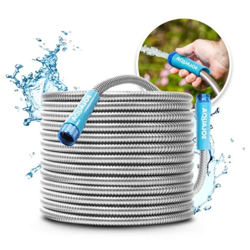 Aqua Joe Heavy-Duty Stainless Steel Metal Garden Hose Spiral-Constructed 75-ft