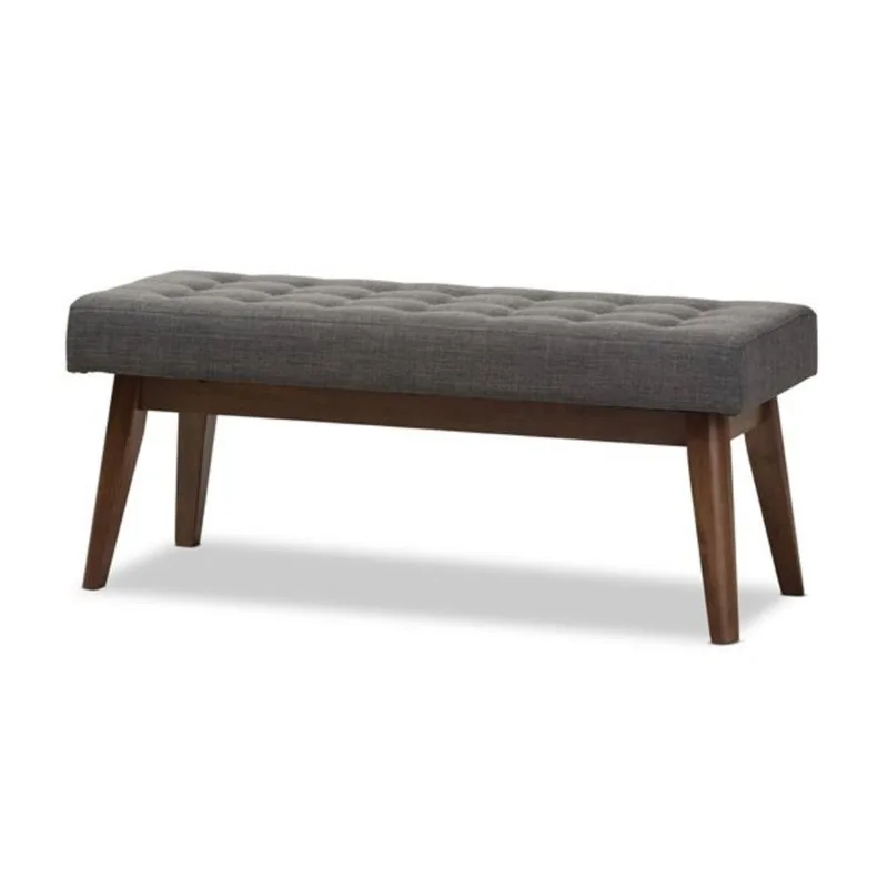 Baxton Studio Elia Button-Tufted Bench Walnut Wood and Fabric – Dark Grey