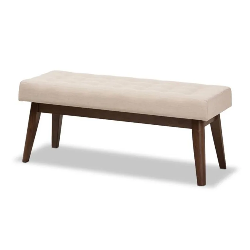 Baxton Studio Elia Button-Tufted Bench Walnut Wood and Fabric – Light Beige