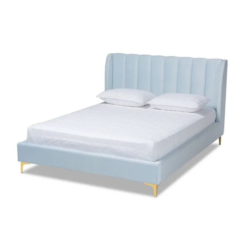 Baxton Studio Saverio Velvet Fabric Upholstered Platform Bed with Gold-Tone Legs in Light Blue - Queen