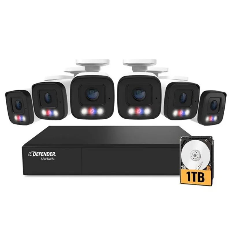 Defender Sentinel AI Powered 4K Ultra HD Wired 8 Channel PoE NVR Security System, 6 Metal Cameras and 1 TB HDD