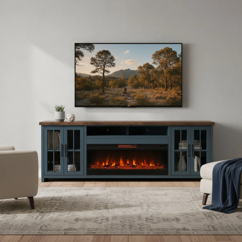 Nantucket - Fireplace TV Stand Console Blue / 99"W x 19"D x 35"H