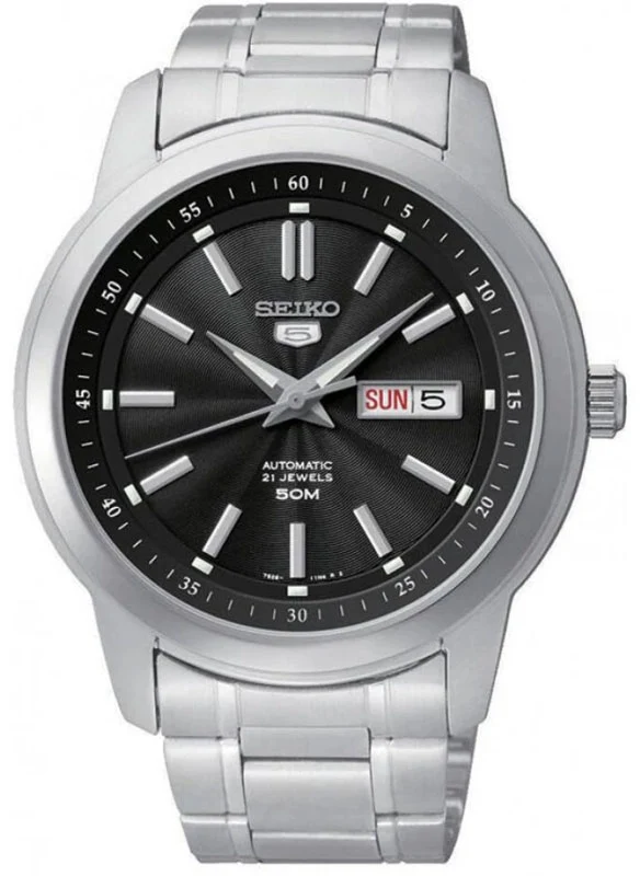 Mens Seiko Automatic Watch with Black Dial and Silver Strap SNKM87K1