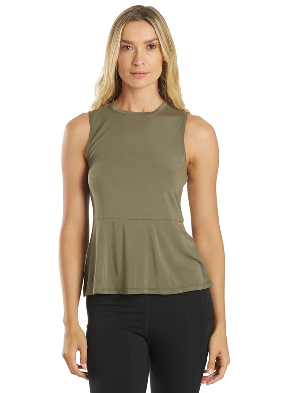 Everyday Yoga Blossom Solid Peplum Layering Muscle Tank Dark Olive / X-Small