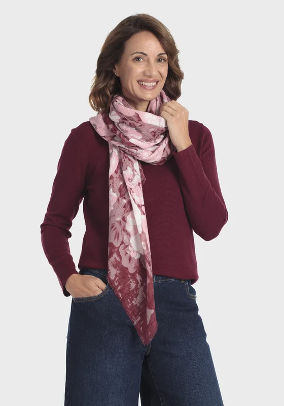 Floral Silk Fringed Scarf - Red Garnet / One Size