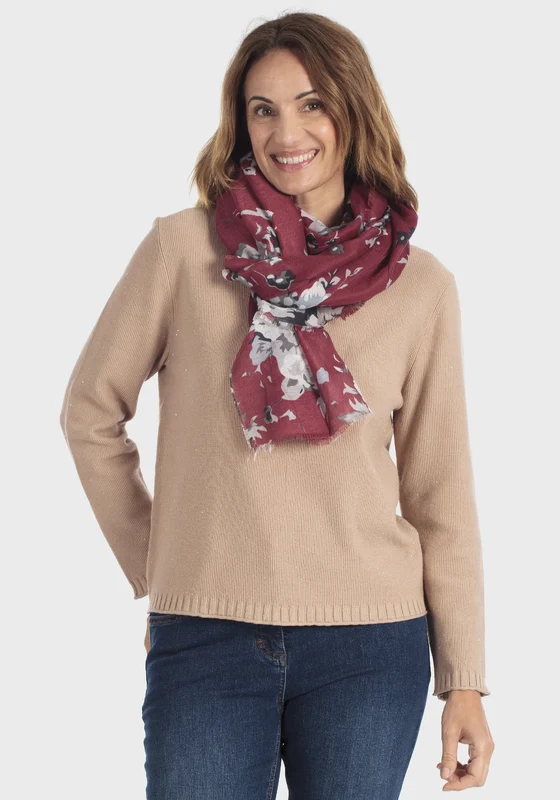 Frayed Floral Print Pashmina - Red Garnet / One Size
