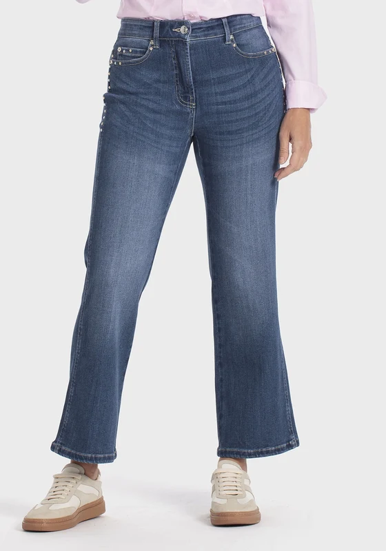 Cropped Denim Trousers With Gemstones - Blue Denim Blue Denim / 38