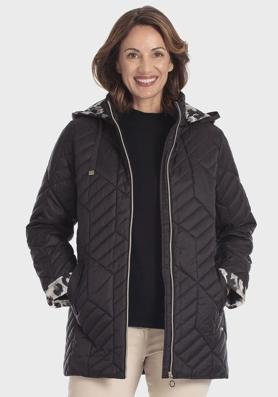 Hooded Parka With Animal Print Details - Black Black / 46