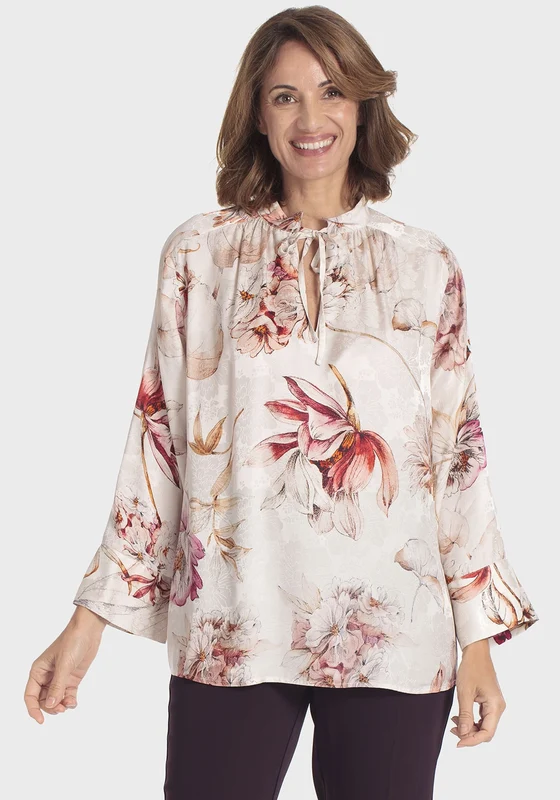 Floral Print Tie Bow Neck Blouse - Beige Beige / M