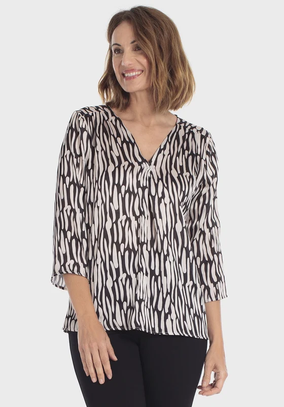 Printed 3/4 Sleeve V-Neck Blouse - Black Black / L