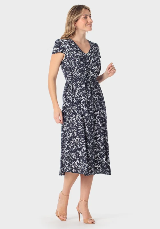 Floral Print Belted Dress - Navy Blue Navy / M