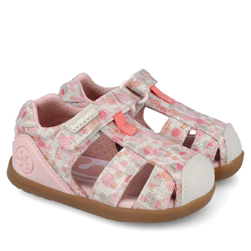 Biomecanics sandale fete din panza BAREFOOT 19-26 Lurex Beige cu buline 22