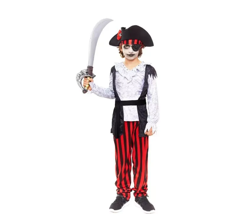 Disfraz de Pirata Zombie blanco a rayas para niño 7-9A