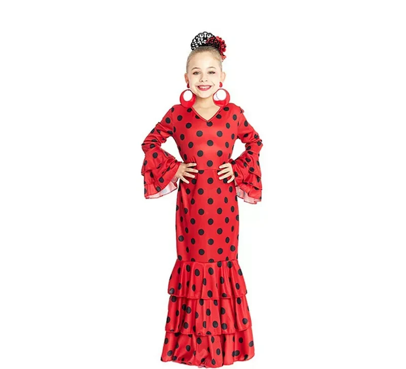 Sevillana rojo con lunares negros para niña 5-6A