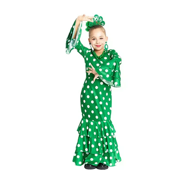 Sevillana verde con lunares blancos para niña 10-12A