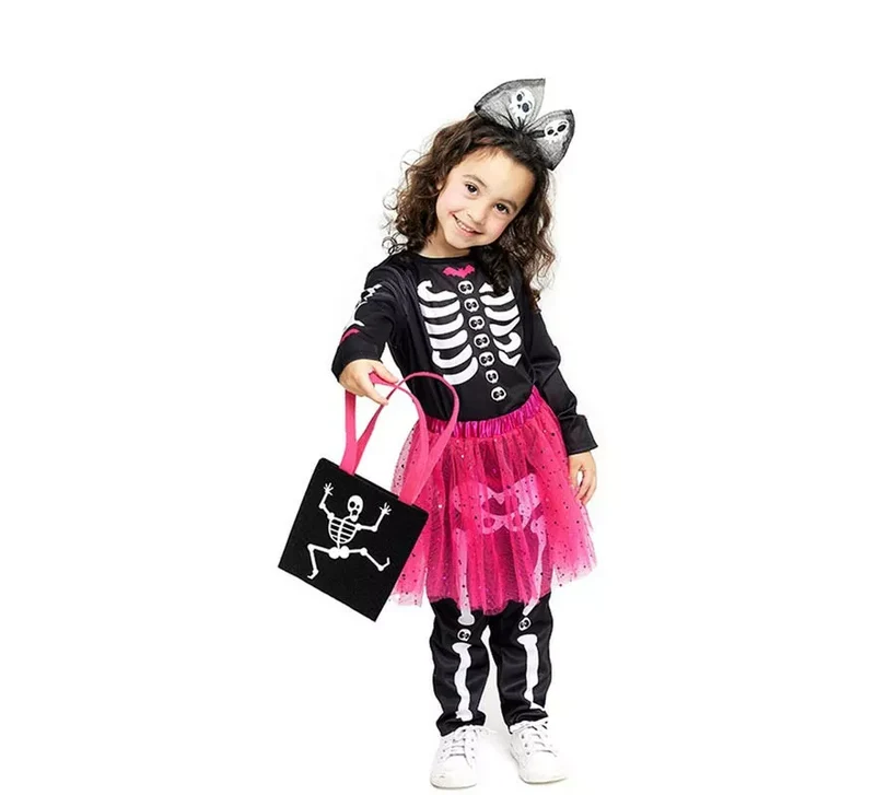 Disfraz de Esqueleto adorable con tutú fucsia para bebé y niña 3-4A