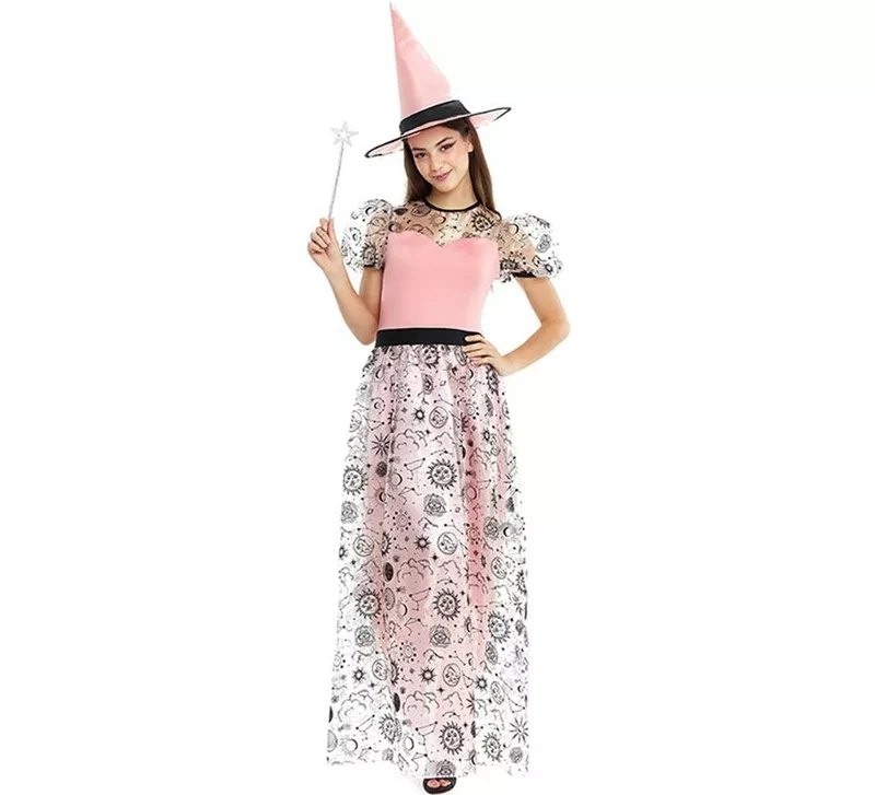 Disfraz de Bruja Buena rosa con sombrero para mujer L