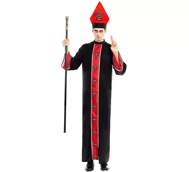 Disfraz de Obispo Satánico con estola negro y rojo para hombre L