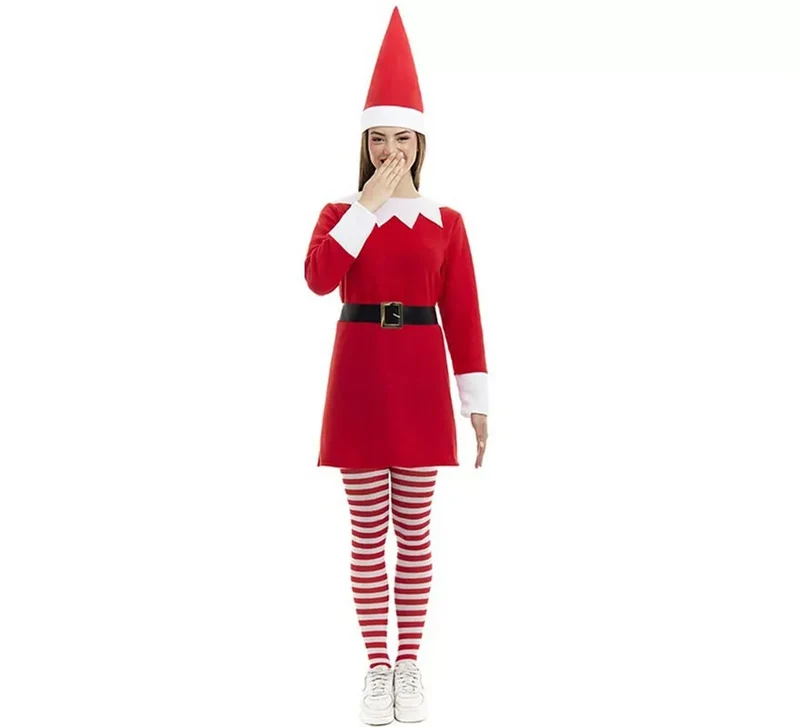 Disfraz de Elfa Polar roja en vestido con gorro para mujer S