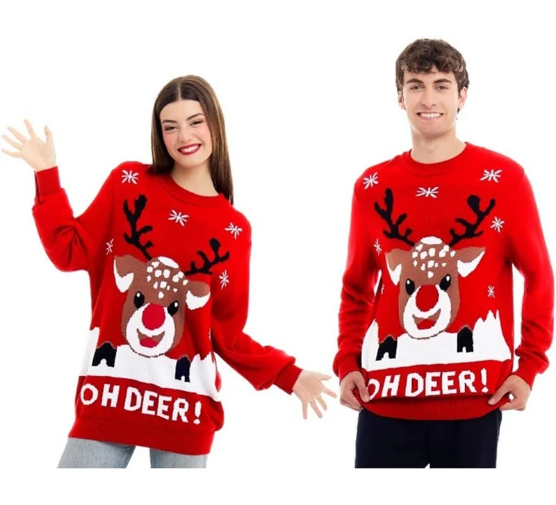 Jersey de Navidad Oh Deer rojo con reno para adulto XXL