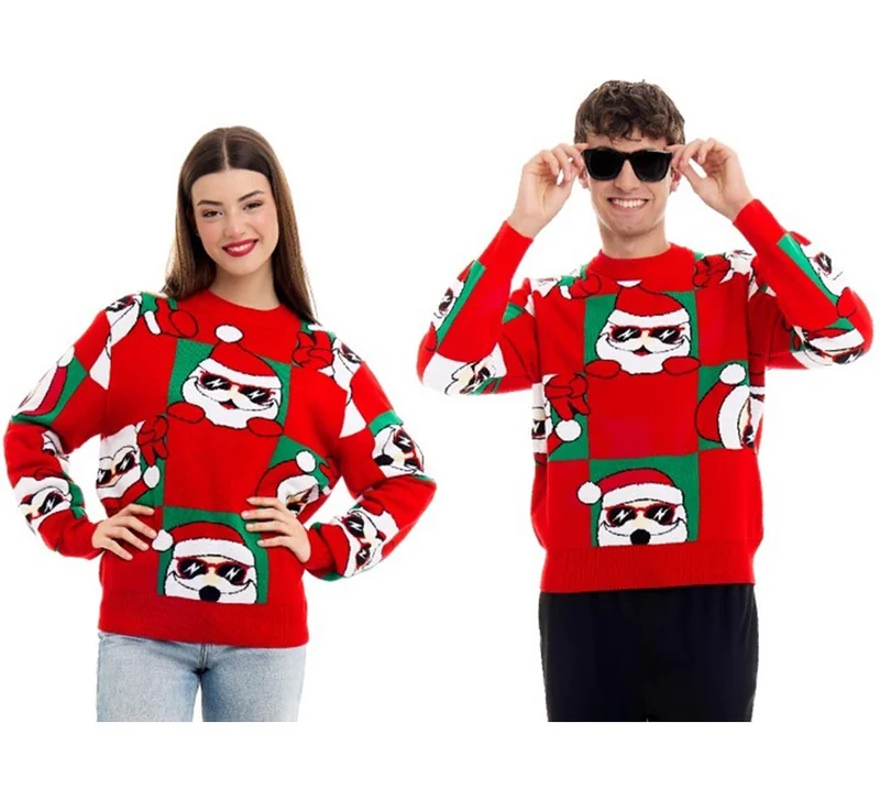 Jersey de Navidad Damero Papá Noel rojo para adulto L