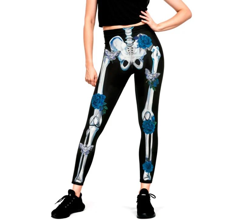 Leggins de Esqueleto con Flores azules para mujer XXL