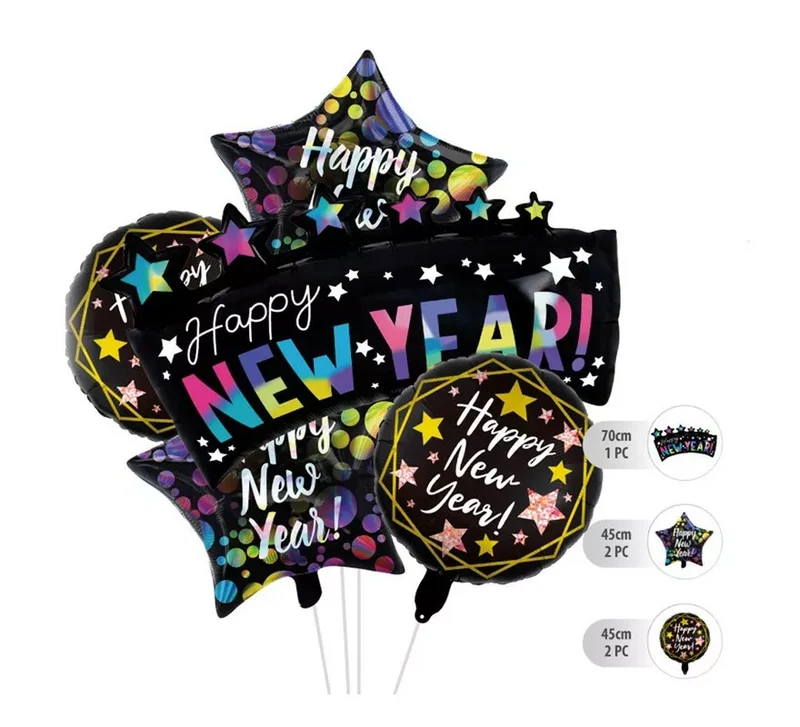 Kit de 5 Globos Foil Negros de Happy New Year T.Única