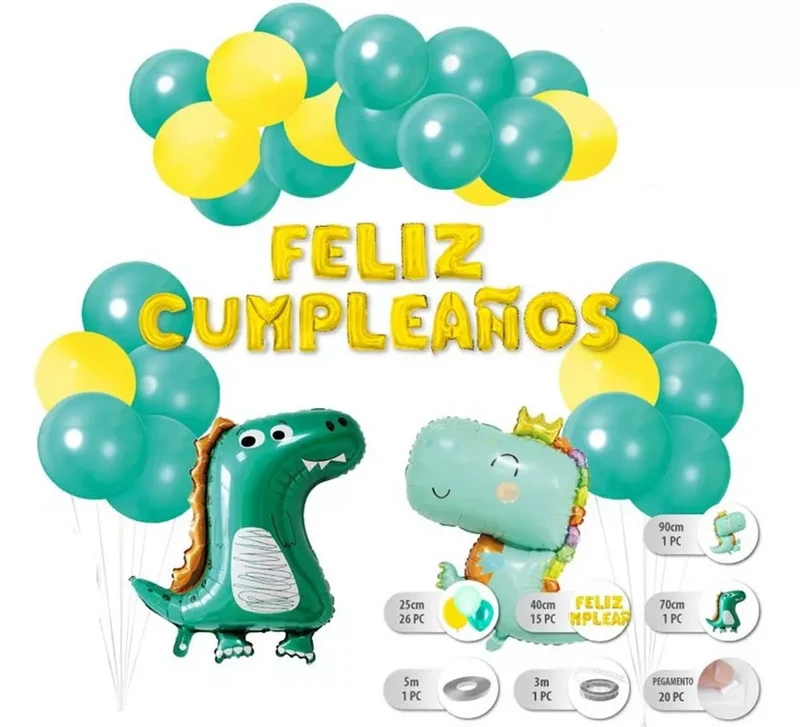 Set 26 pc Globos Dinosaurios con Guirnalda de Feliz Cumpleaños Sin talla