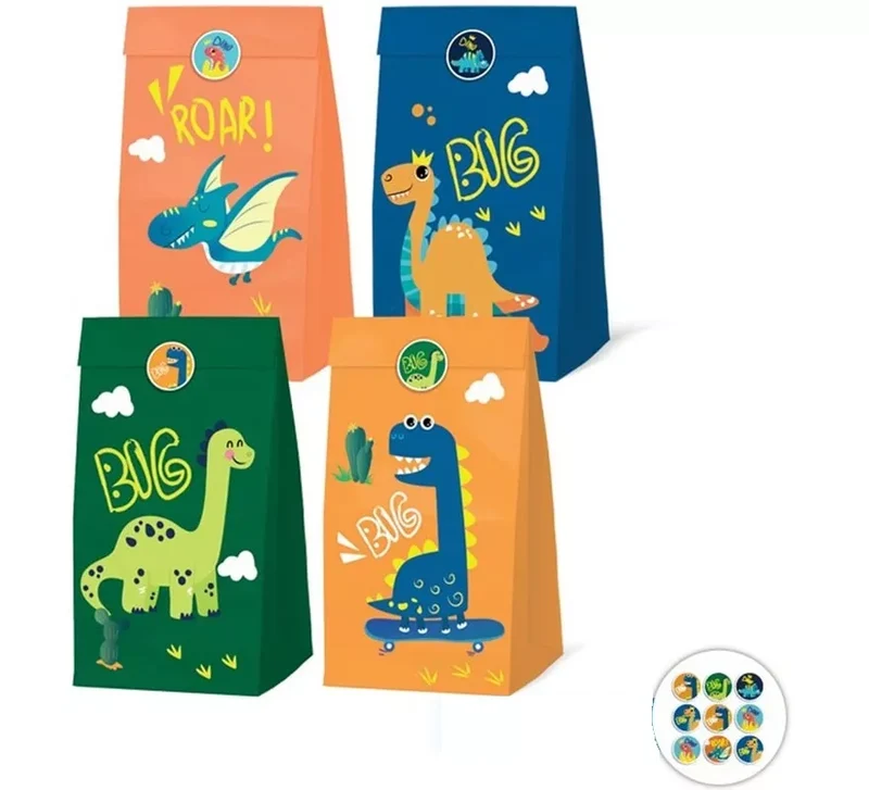 Pack de 4 Bolsas Papel de Dinosaurios con Pegatinas Sin talla