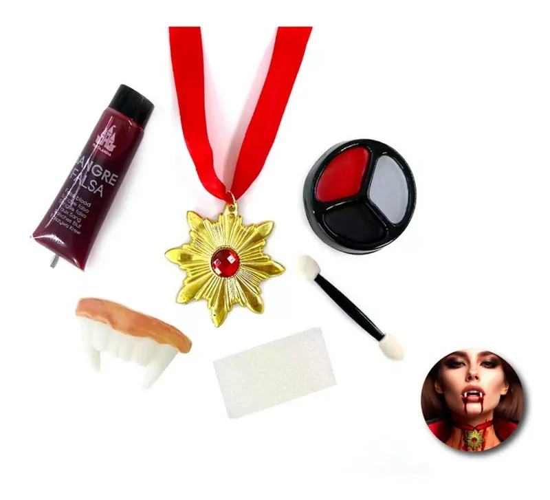 Kit de Maquillaje Vampiro: Paleta, collar, tubo de sangre, dentadura, esponja y brocha Universal Adulto